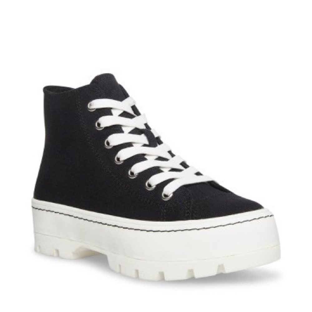 USED Madden Girl Shaddoww High-Top Lace-Up Sneakers in Black, Size Women US 5.5